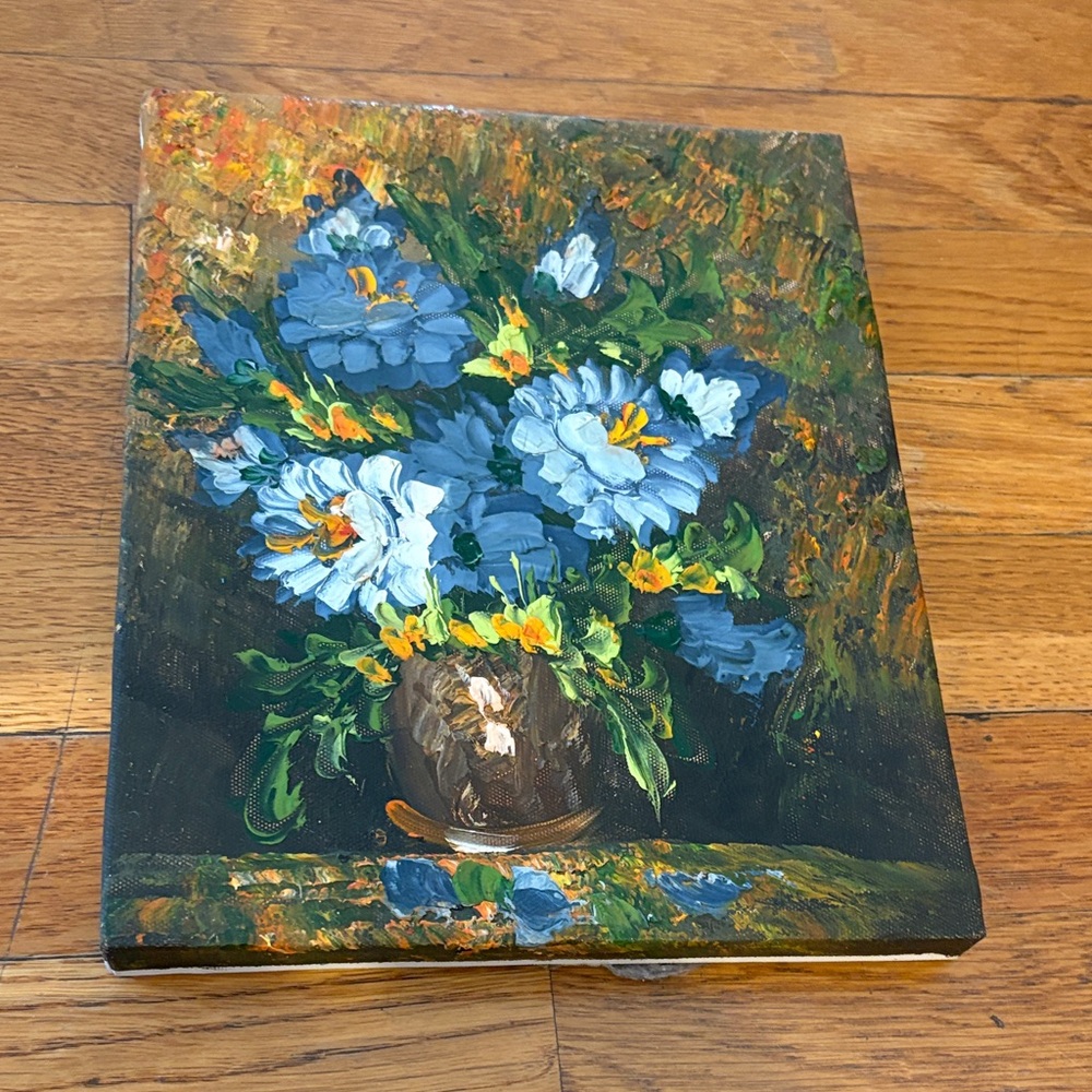 Floral Canvas Art with Blue and Green Hues